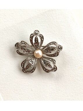 Vintage Sterling Silver Marcasite Pearl flower brooch pin signed West Germany
